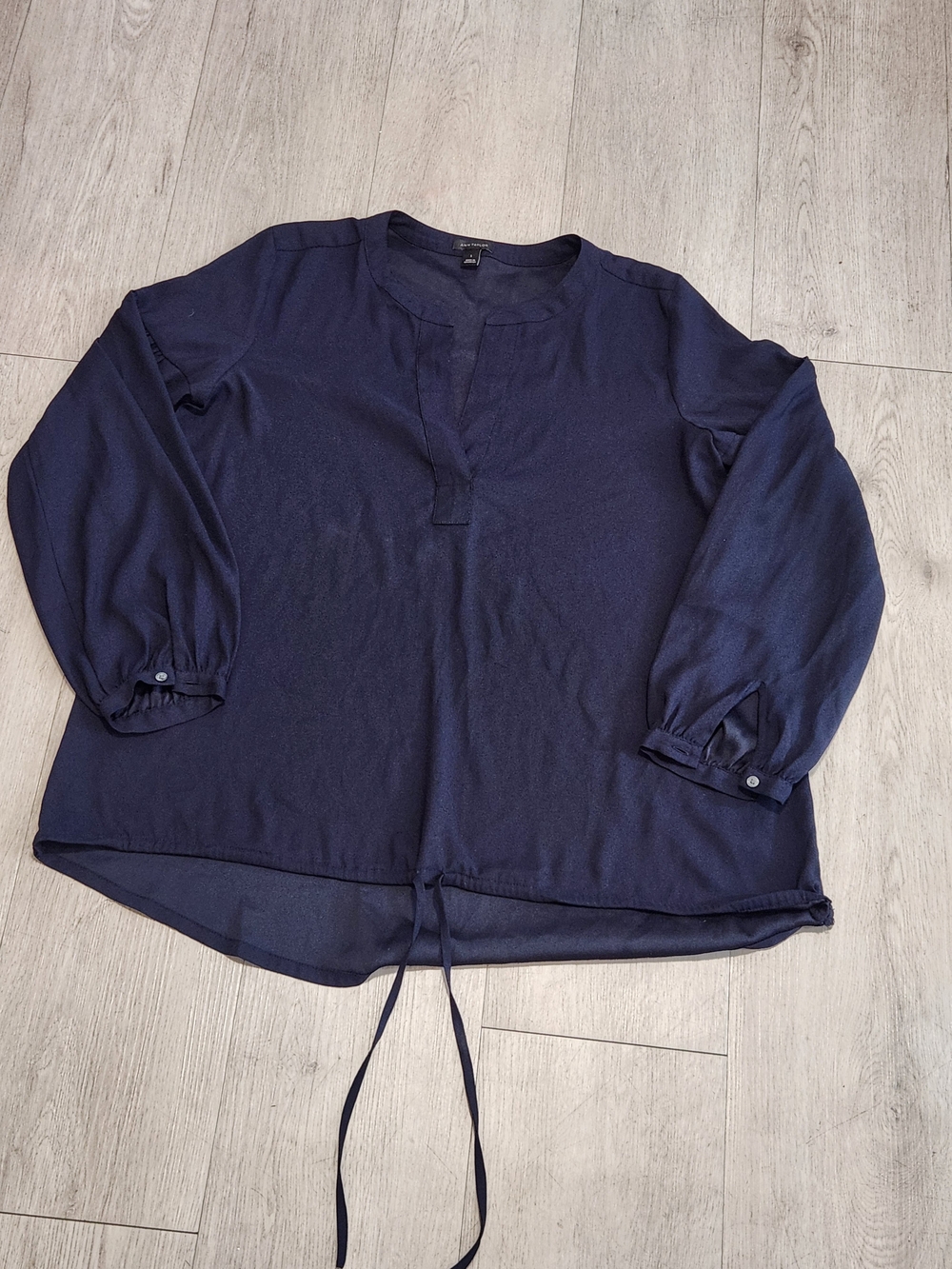 Ann Taylor Navy Blue Drawstring Notch Neck Blouse S